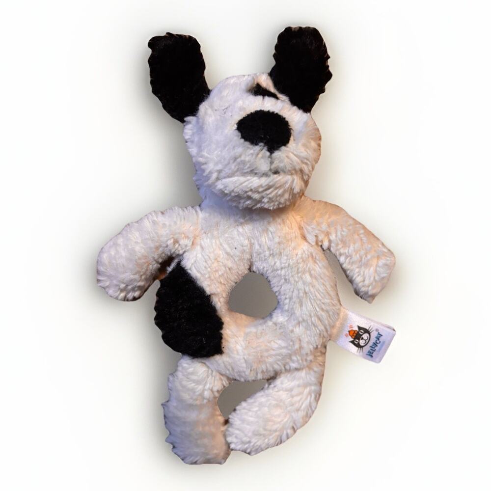 Jellycat Bashful Puppy Dog Ring Rattle Plush 7" Baby Soft Toy Cream White Black